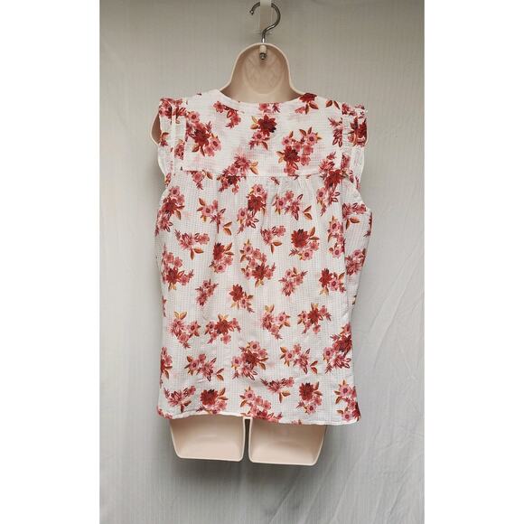 Loft Zinnia Ruffle Sleeve Split Neck Shell Red/Cream Size Large - Picture 7 of 10